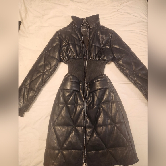 NWT Maniere De Voir Black Vegan Leather Corset  Quilted Puffer Jacket Size Small - Picture 2 of 6